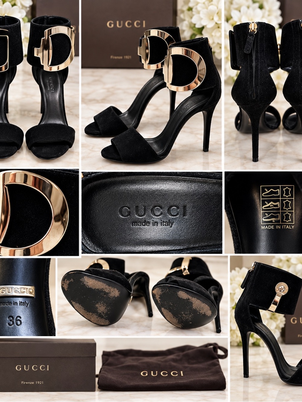 Gucci Black Suede Stiletto Sandals with Gold Buckle Ankle Strap
